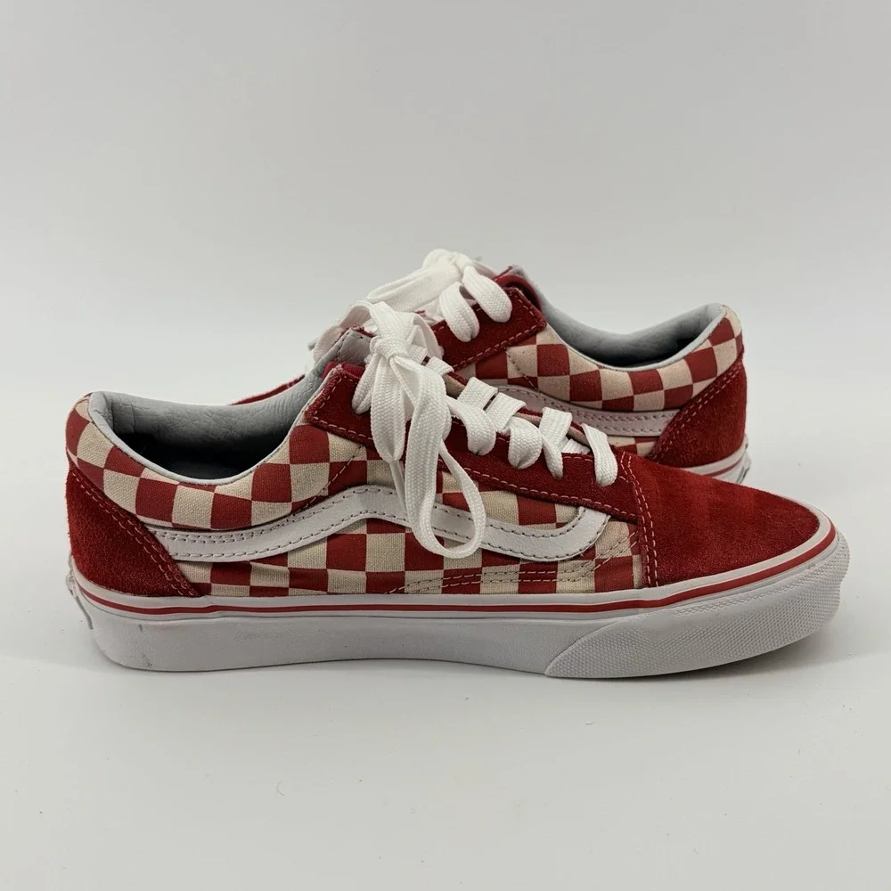 VANS OLD SKOOL CHECKERBOARD M 5.5/W 7 SUEDE‎ SKATEBOARD SHOES RED WHITE